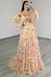 Champagne Floral Prom Dress Tulle A Line Long Formal Dress With Sleeves