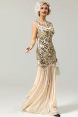 Champagne Gold 1920s Cap Sleeves Long Flapper Evening Dress