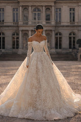 Champagne Lace A Line Wedding Dress with Off Shoulder Long Sleeves