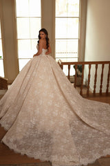 Champagne Lace Ball Gown Wedding Dress with Sweetheart Neckline and Cathedral Train