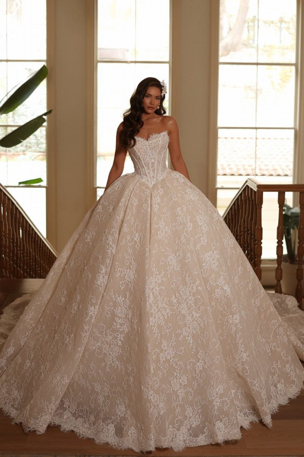 Champagne Lace Ball Gown Wedding Dress with Sweetheart Neckline and Cathedral Train
