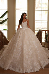 Champagne Lace Ball Gown Wedding Dress with Sweetheart Neckline and Cathedral Train