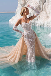 Champagne Lace Mermaid Wedding Dress with Detachable Sleeves and Overskirt