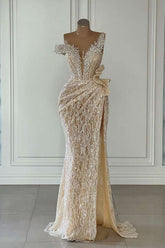 Champagne Mermaid Prom Dress Asymmetric Evening Dress With Lace Appliques