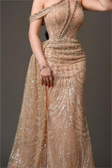 Champagne Mermaid Prom Dress Asymmetric Neck Beaded Evening Dress