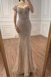 Champagne Mermaid Prom Dress High Neck Sequined Evening Dress
