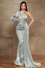 Champagne Mermaid Prom Dress Long Sleeve Asymmetric Neck Beaded Evening Dress