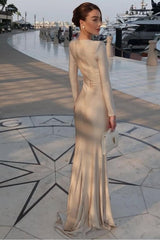 Champagne Mermaid Prom Dress Long Sleeve Bateau Neck Satin Evening Dress