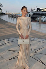 Champagne Mermaid Prom Dress Long Sleeve Bateau Neck Satin Evening Dress
