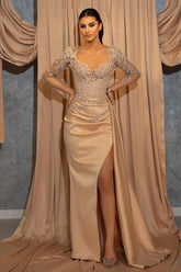Champagne Mermaid Prom Dress Long Sleeve Evening Dress With Lace Appliques