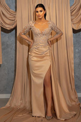 Champagne Mermaid Prom Dress Long Sleeve Evening Dress With Lace Appliques