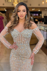 Champagne Mermaid Prom Dress Long Sleeve Off the Shoulder Sequined Evening Dress