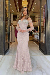 Champagne Mermaid Prom Dress Long Sleeve Off the Shoulder Sequined Evening Dress