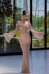 Champagne Mermaid Prom Dress Long Sleeve Sequined Off the Shoulder Evening Dress