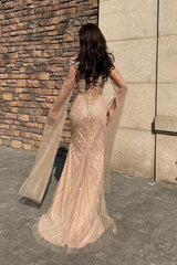 Champagne Mermaid Prom Dress Long Sleeve V Neck Sequined Evening Dress