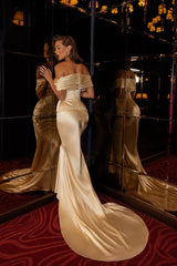 Champagne Mermaid Prom Dress Off the Shoulder Satin Evening Dress