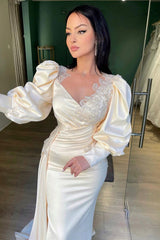 Champagne Mermaid Prom Dress Puff Long Sleeve Evening Dress With Lace Appliques