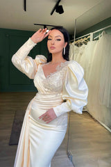 Champagne Mermaid Prom Dress Puff Long Sleeve Evening Dress With Lace Appliques