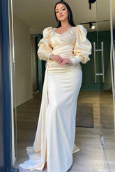 Champagne Mermaid Prom Dress Puff Long Sleeve Evening Dress With Lace Appliques