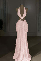 Champagne Mermaid Prom Dress Sleeveless Halter Neck Sequined Evening Dress