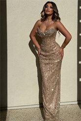 Champagne Mermaid Prom Dress Sleeveless Sweetheart Sequined Evening Dress
