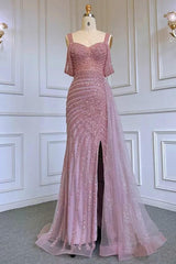 Champagne Mermaid Prom Dress Straps Beaded Evening Dress