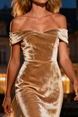 Champagne Mermaid Velvet Off The Shoulder Long Holiday Party Dress With Cape