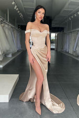 Champagne Off The Shoulder Long Mermaid Evening Dress with Split