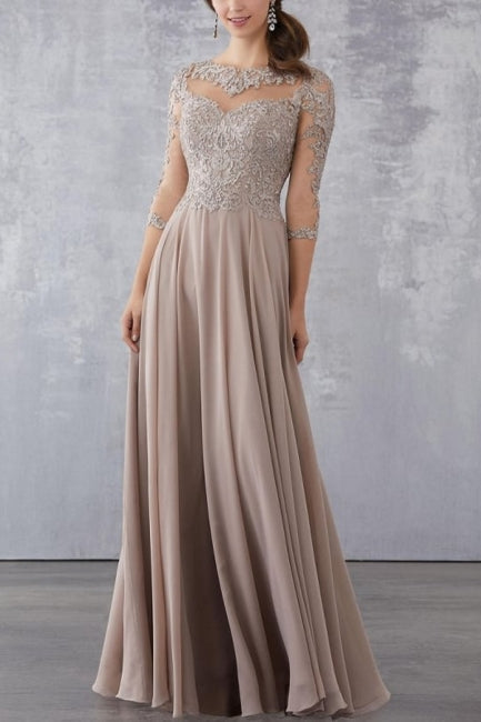 Champagne Prom Dress A Line Crew Beaded Lace Illusion Half Sleeves Floor Length Chiffon Formal Dress