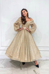 Champagne Prom Dress A Line Off The Shoulder Sleeves Formal Dress With Glitter