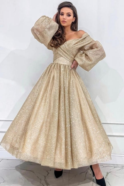 Champagne Wedding Guest Dress A Line Off The Shoulder Sleeves Formal Dress With Glitter