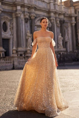 Champagne Prom Dress A Line Strapless Off The Shoulder Sleeveless Sequined Tulle Formal Dress