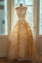 Champagne Prom Dress A Line Tulle Long Star Formal Evening Dress