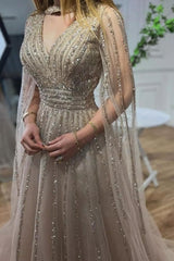 Champagne Prom Dress A Line V Neck Beaded Sequined Illusion Sleeves Floor Length Tulle Formal Dress