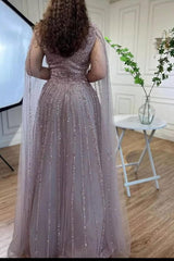 Champagne Prom Dress A Line V Neck Beaded Sequined Illusion Sleeves Floor Length Tulle Formal Dress