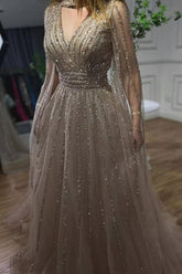 Champagne Prom Dress A Line V Neck Beaded Sequined Illusion Sleeves Floor Length Tulle Formal Dress
