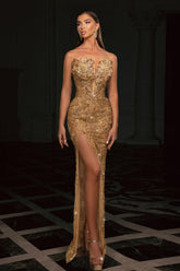 Champagne Prom Dress Column Strapless Sleeveless Beaded Slit Tulle Formal Dress With Rhinestone