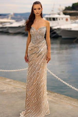 Champagne Prom Dress Column Strapless Sweetheart Sleeveless Sequined Tulle Formal Dress