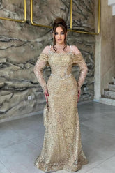 Champagne Prom Dress Mermaid Off The Shoulder Spaghetti Strap Sleeves Sequined Tulle Formal Dress With Pearls