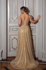 Dreamyannie Champagne Prom Dress Mermaid Sweetheart Cap Sleeves Sequined Tulle Formal Dress With High Slit