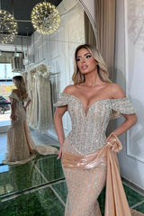 Champagne Prom Dress Mermaid Sweetheart Off The Shoulder Sleeveless Sequined Panel Train Tulle Formal Dress With Rhinestones