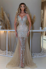 Champagne Prom Dress Mermaid V Neck Spaghetti Strap Sleeveless Sequined Tulle Formal Dress With Rhinestone