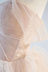 Champagne Prom Dress Off the Shoulder Tulle Lace Long Formal Dress Evening Dress