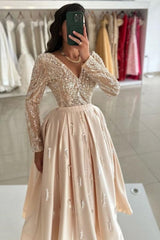 Champagne Prom Dress V Neck Ankle Length Sleeves Draped Satin Formal Dress With Sequins
