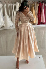 Champagne Prom Dress V Neck Ankle Length Sleeves Draped Satin Formal Dress With Sequins