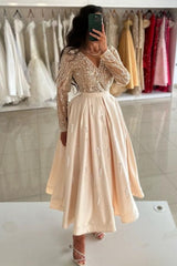 Champagne Prom Dress V Neck Ankle Length Sleeves Draped Satin Formal Dress With Sequins