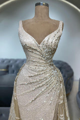 Champagne Prom Dress V Neck Sleeveless Sequined Beaded Detachable Train Tulle Formal Dress With Appliques
