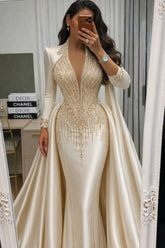 Champagne Satin Mermaid Prom Dress with Plunging V Neck and Beaded Fringe