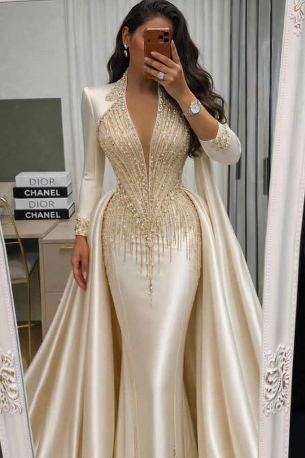 Champagne Satin Mermaid Prom Dress with Plunging V Neck and Beaded Fringe
