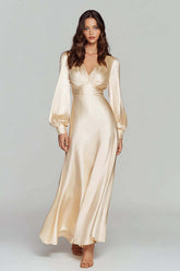 Champagne Satin V-Neck Backless Long Evening Dress With Sleeves